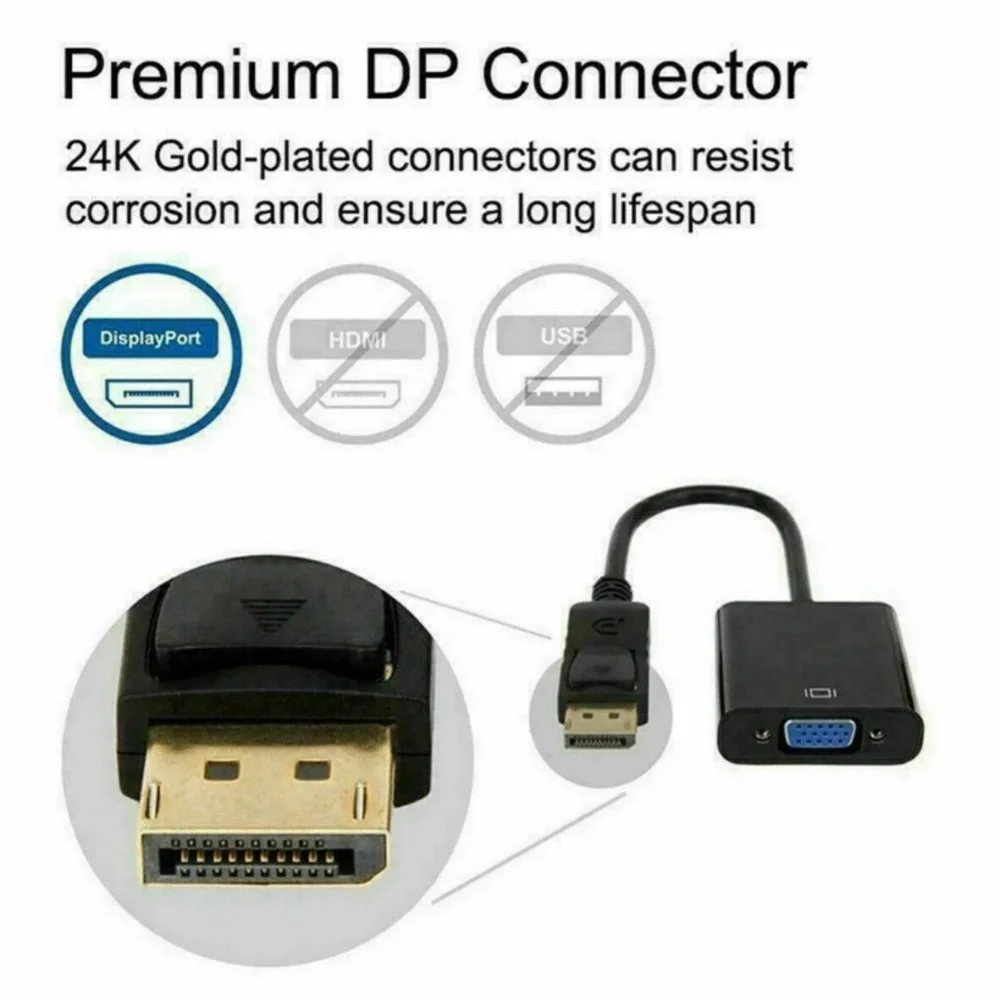 Display Port to VGA Female Video Cable Cord Converter Adapter PC Monitor Desktop